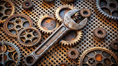 A rusty old wrench lies atop a mesh of interlocking gears, symbolizing the connection between manual labor and mechanical precision in industry and manufacturing.