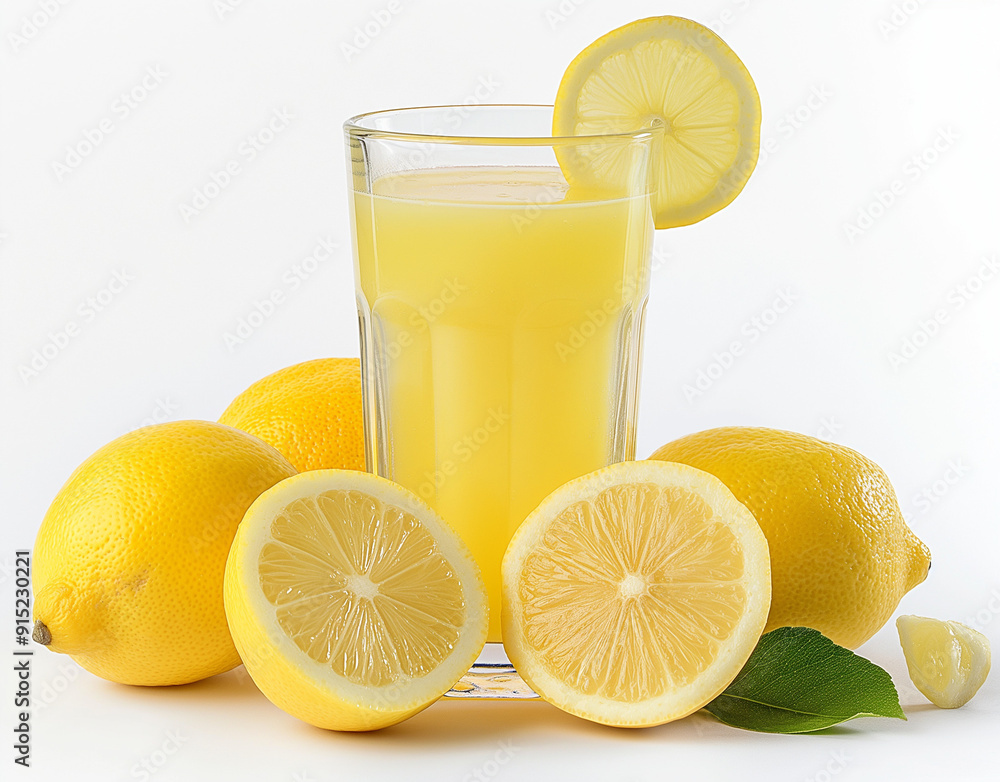Refreshing fresh squeezed lemon juice with fresh fruits isolated on white background. AI generation