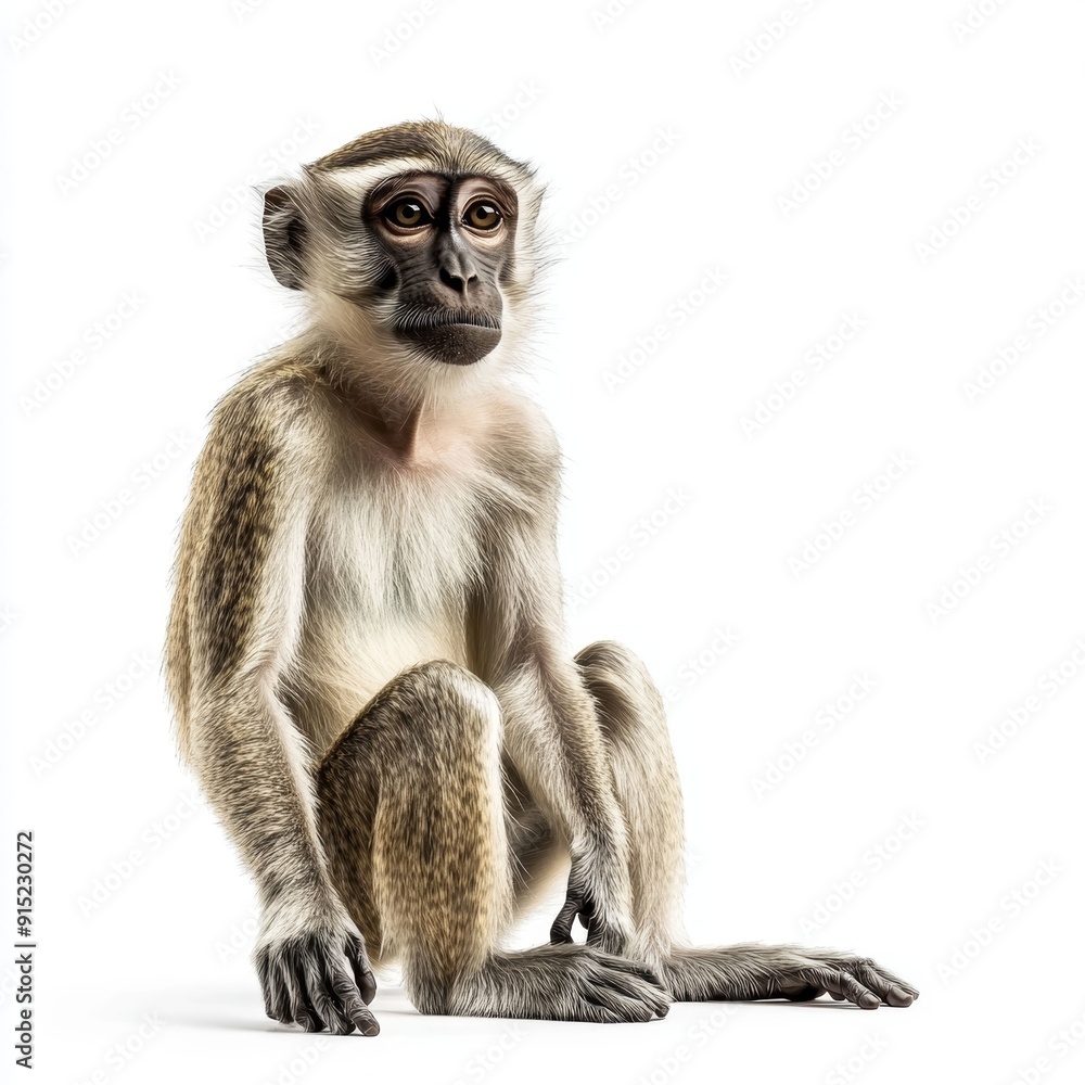 Fototapeta premium A Curious Green Monkey Sitting on a White Background