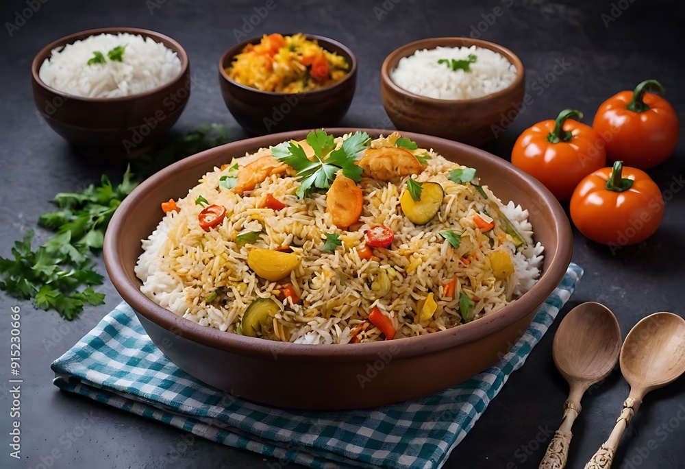 Veg biryani or veg pulav served in a bowl on background Veg biryani or veg pulav served in a bowl on background