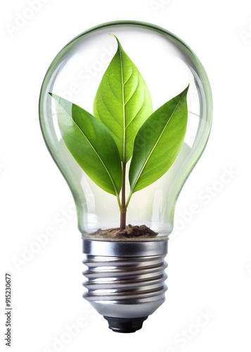 Eco friendly lightbulb from fresh leaves under it, concept of Renewable Energy and Sustainable Living, isolated on transparent and white background. photo