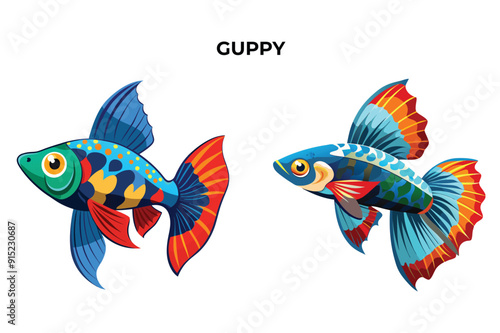 Detailed Guppy fish vector illustration. Perfect for culinary, marine, and environmental designs. High-quality vector for easy customization. Ideal for menus, packaging, education, and web graphics.