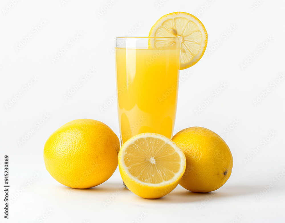 Refreshing fresh squeezed lemon juice with fresh fruits isolated on white background. AI generation Refreshing fresh squeezed lemon juice with fresh fruits isolated on white background. AI generation