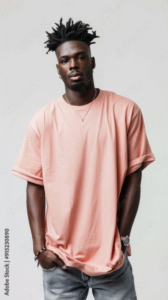 A man with a shaved head and a necklace is wearing a pink shirt A man with a shaved head and a necklace is wearing a pink shirt