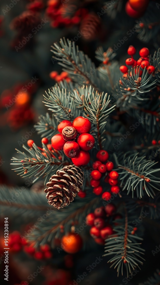Christmas decoration with red balls and pine cone Christmas decoration with red balls and pine cone