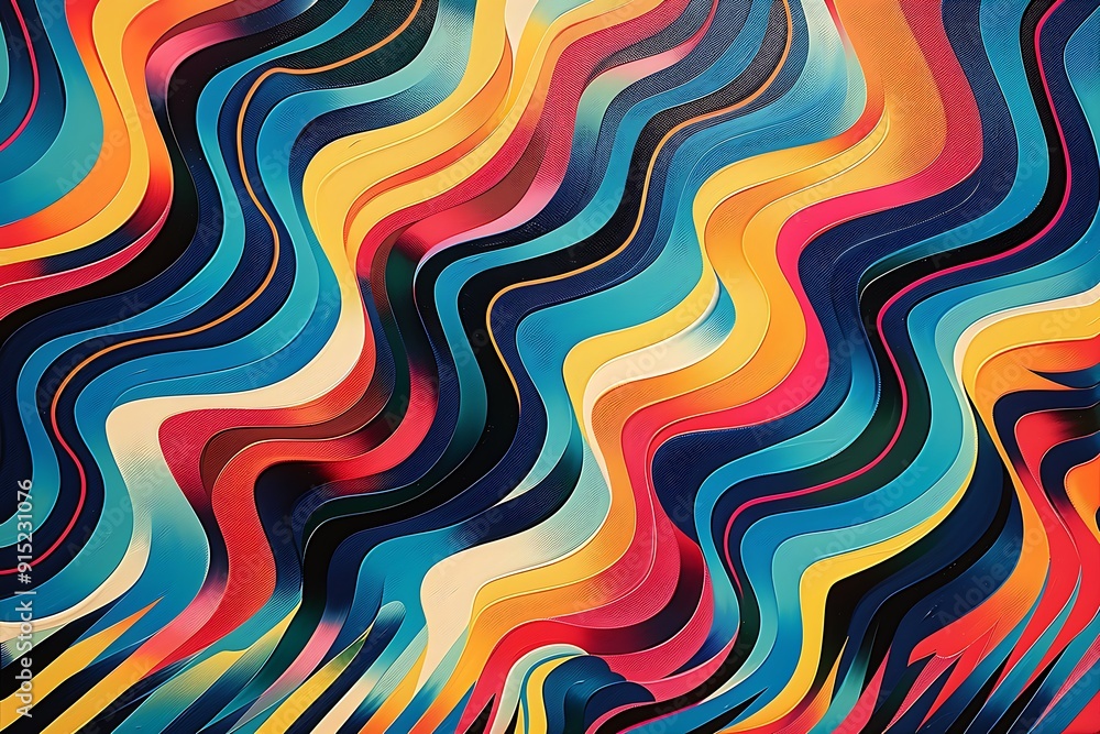Zigzag waves, sharp contrasts, flowing rhythm, vibrant hues, optical tension, visual energy, kinetic movement, depth illusion, intricate geometry, rhythmic patterns Zigzag waves, sharp contrasts, flowing rhythm, vibrant hues, optical tension, visual energy, kinetic movement, depth illusion, intricate geometry, rhythmic patterns