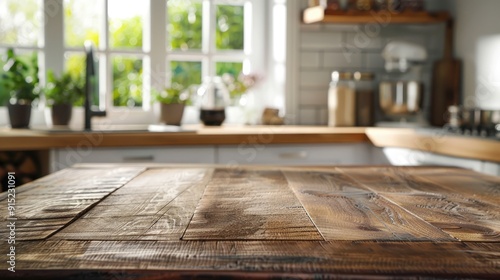 Textured table for product presentation in front of blurry kitchen window