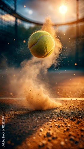 A tennis ball is captured in mid-bounce on a clay court, kicking up a cloud of dust and debris as it makes contact with the ground.