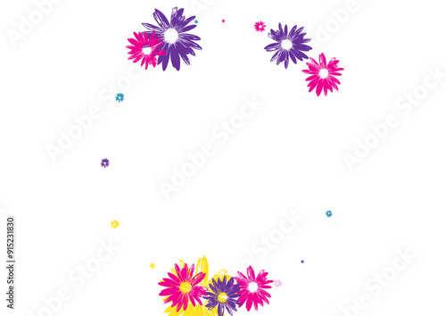 Violet Flowers Background White Vector. Plant Sweet Texture. Blue Flower Attractive. Scribble Tile. Amazing Color Petal.