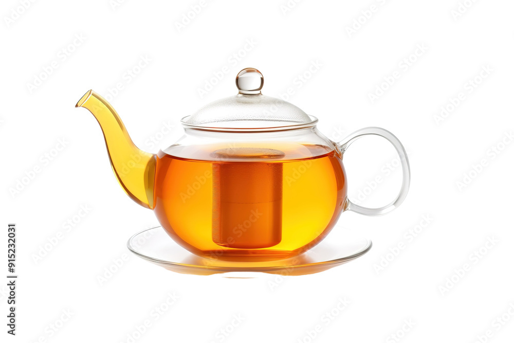 Elegant Glass Teapot Displaying Amber Liquid on a Simple White Plate in Soft Natural Light on Transparent PNG Background. Elegant Glass Teapot Displaying Amber Liquid on a Simple White Plate in Soft Natural Light on Transparent PNG Background.