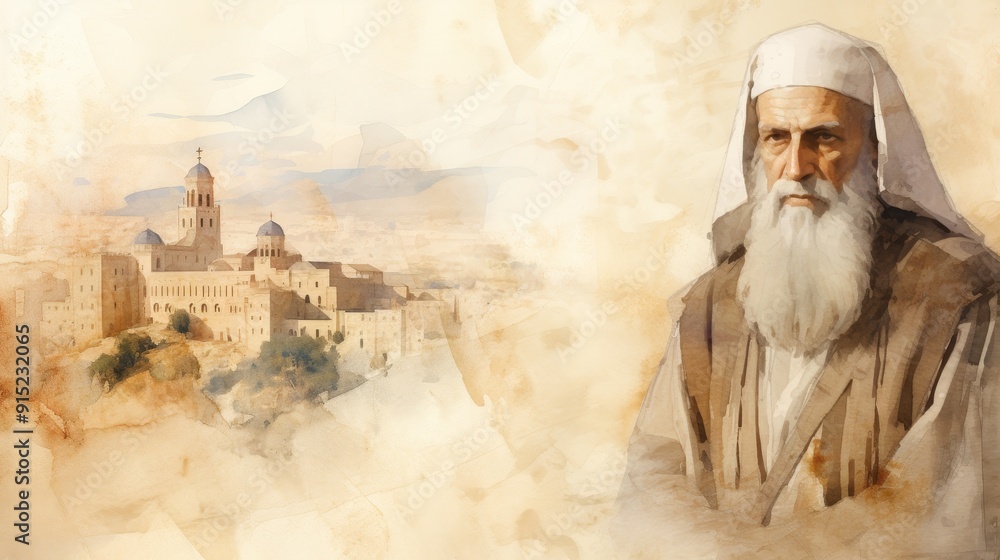 Obraz premium Illustration of Reflection of St. Cyril of Jerusalem in Ancient Jerusalem, Biblical Illustration, Beige Background, Copyspace,Christian banner