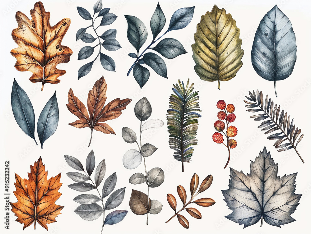 Fototapeta premium Detailed illustrations of various leaves and foliage arranged artistically on a light background