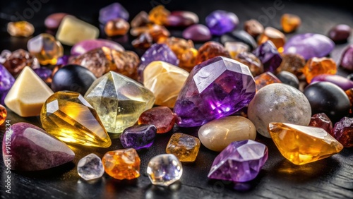 Assortment of uncut, polished, and faceted precious stones including amethyst, citrine, and quartz, scattered on a dark background, showcasing their natural beauty and unique textures.