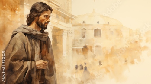 Illustration of Reflection of St. Benedict Joseph Labre in Rome Streets, Biblical Illustration, Beige Background, Copyspace,Christian banner