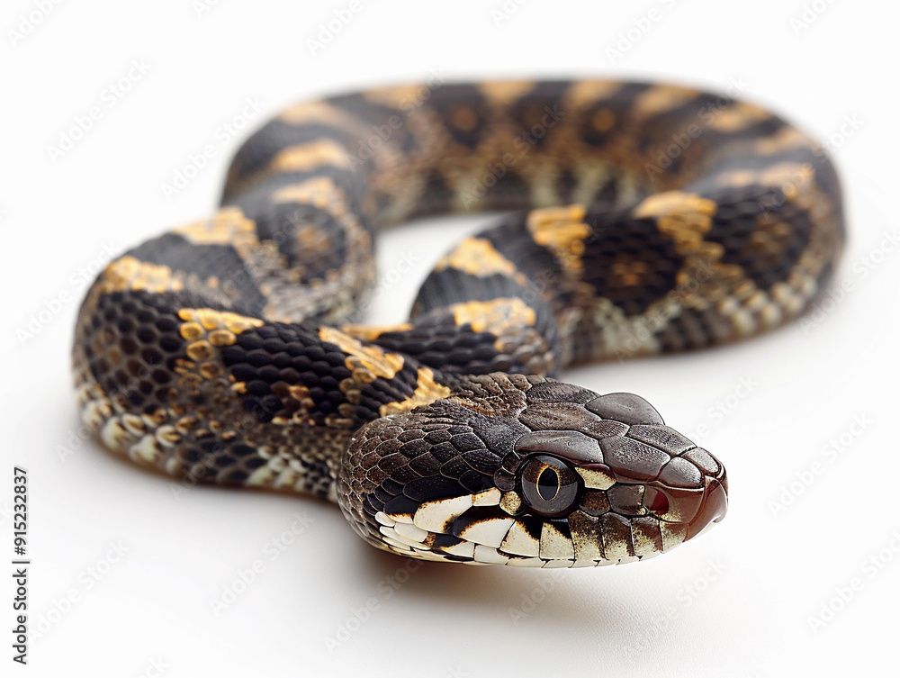 Fototapeta premium A close-up view of a brown and black patterned snake on a plain background