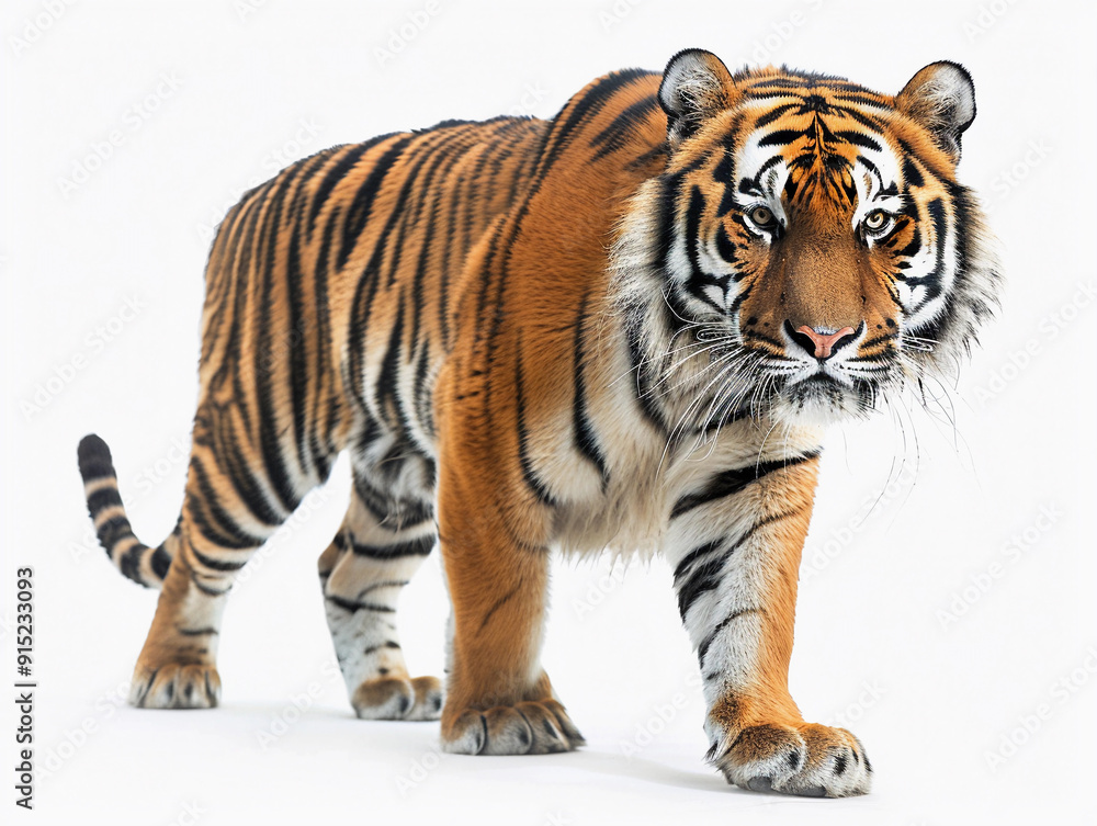 Naklejka premium A majestic tiger walking confidently on a plain background during daylight