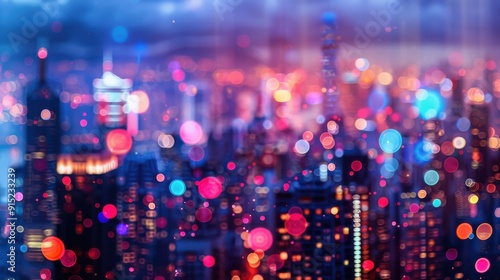 A view of a city skyline at night, with the lights of the buildings blurred into colorful bokeh circles, creating a festive and vibrant atmosphere. The colors range from deep blues to bright reds, cre