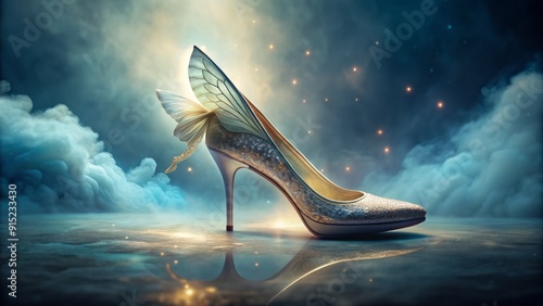 A whimsical, solitary high-heeled shoe adorned with delicate, intricately designed wings sprouts from a misty, dreamy background, evoking a sense of freedom and magic. photo