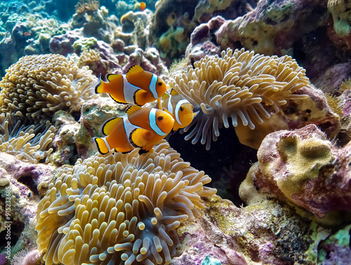 Three orange and white fish are swimming in front of a large green plant