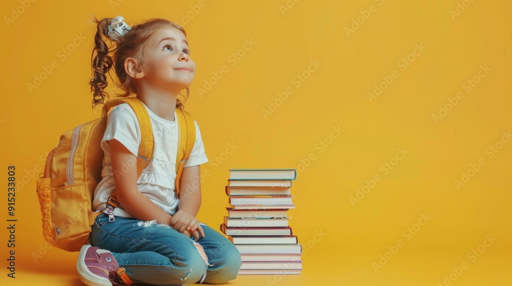 A young child sits on the floor surrounded by stacks of books, reading and learning A young child sits on the floor surrounded by stacks of books, reading and learning