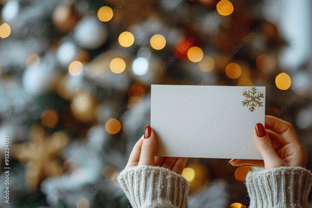 A person holding a white card in front of a Christmas tree A person holding a white card in front of a Christmas tree