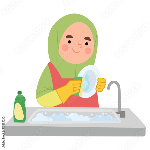 Vector illustration of girl washing dishes