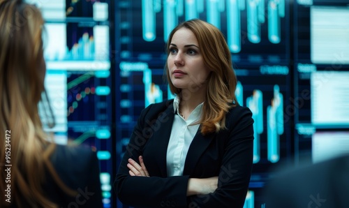 businesswoman analyzing financial data on large digital display screen in modern office