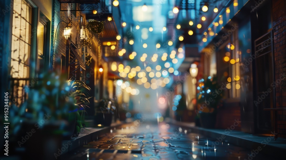 A narrow city alleyway with brick buildings is illuminated by string lights. The ground is wet from a recent rain, and the lights reflect in the puddles. The alley is lined with plants and trees, and A narrow city alleyway with brick buildings is illuminated by string lights. The ground is wet from a recent rain, and the lights reflect in the puddles. The alley is lined with plants and trees, and