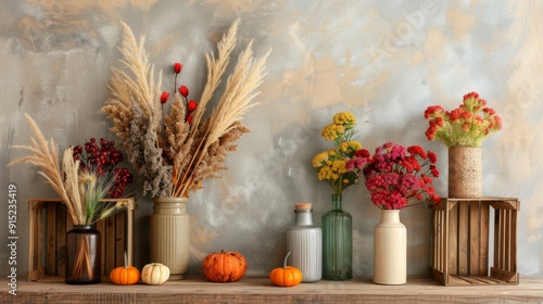 Wallpaper Mural Cozy autumn scene with dried flower arrangements in vases and small pumpkins on a rustic shelf against a textured wall. Torontodigital.ca