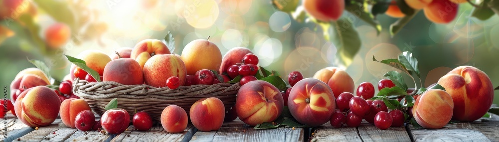 Fresh Summer Fruits in a Wicker Basket on a Wooden Table with Sunlit Garden Background Fresh Summer Fruits in a Wicker Basket on a Wooden Table with Sunlit Garden Background