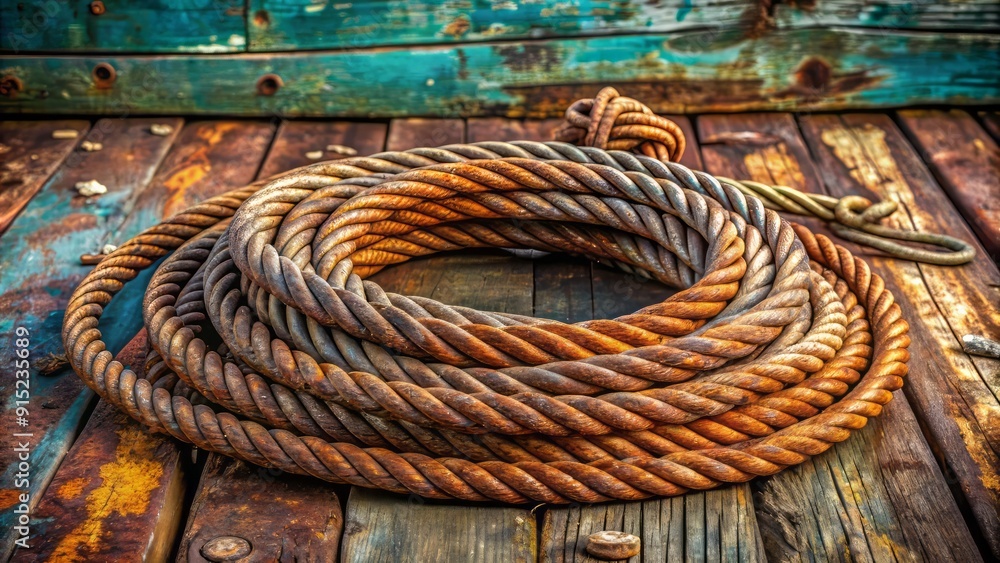 Coiled wire rope isolated on a worn wooden dock, weathered to a ...