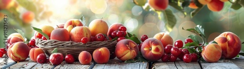 Fresh Summer Fruits in a Wicker Basket on a Wooden Table with Sunlit Garden Background