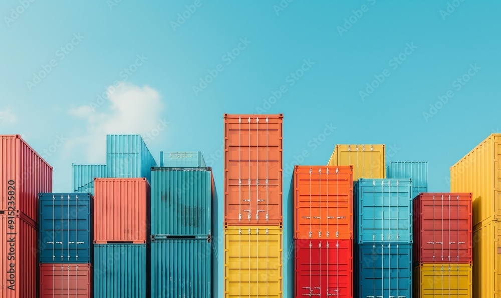 colorful shipping containers stacked against a blue sky with white clouds - global trade and logistics concept