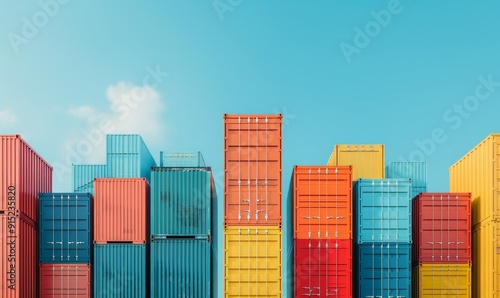 colorful shipping containers stacked against a blue sky with white clouds - global trade and logistics concept