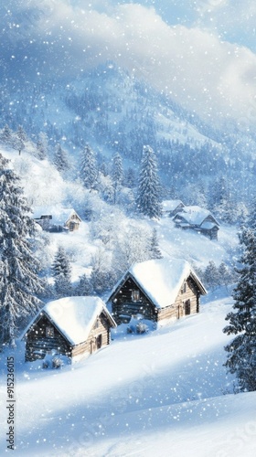 Idyllic Snow-Covered Village with Cozy Homes and Snow-Laden Trees, Creating a Tranquil and Wintery Scenery