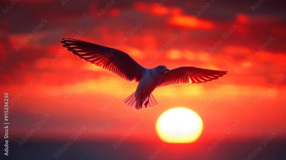 Obraz premium Seagull Flying Towards the Sunset