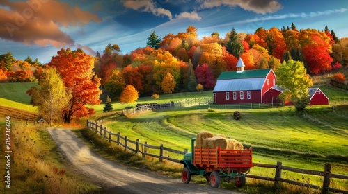 Fototapeta Naklejka Na Ścianę i Meble -  Vibrant autumn countryside with a red barn, fall foliage, and a dirt road. A truck carrying hay bales enhances the rural charm.