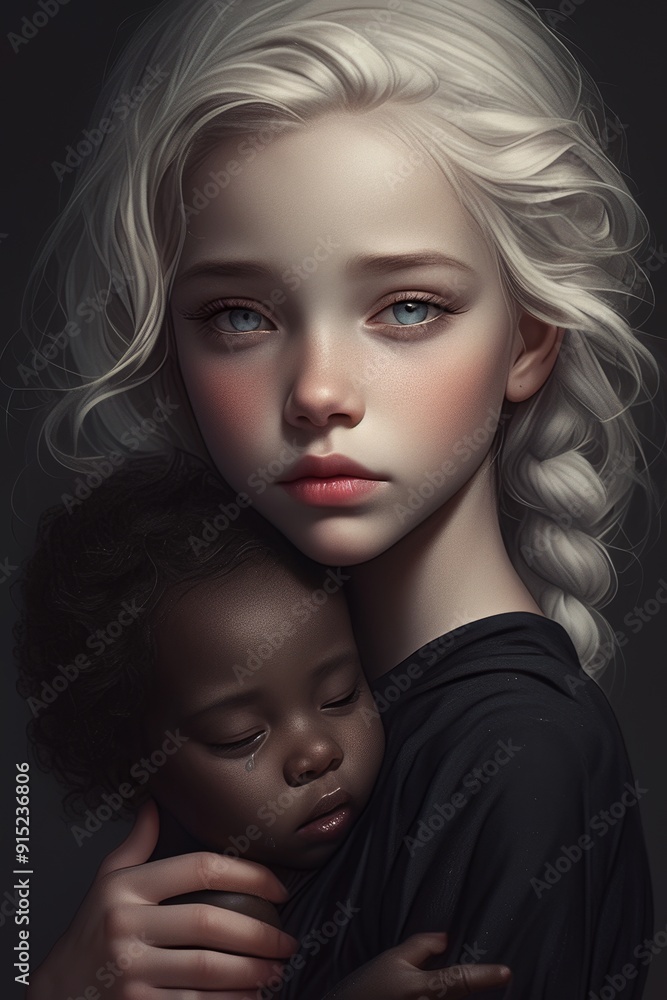 Girl child hugs black girl child in feelings of emotional love. Girl child hugs black girl child in feelings of emotional love.