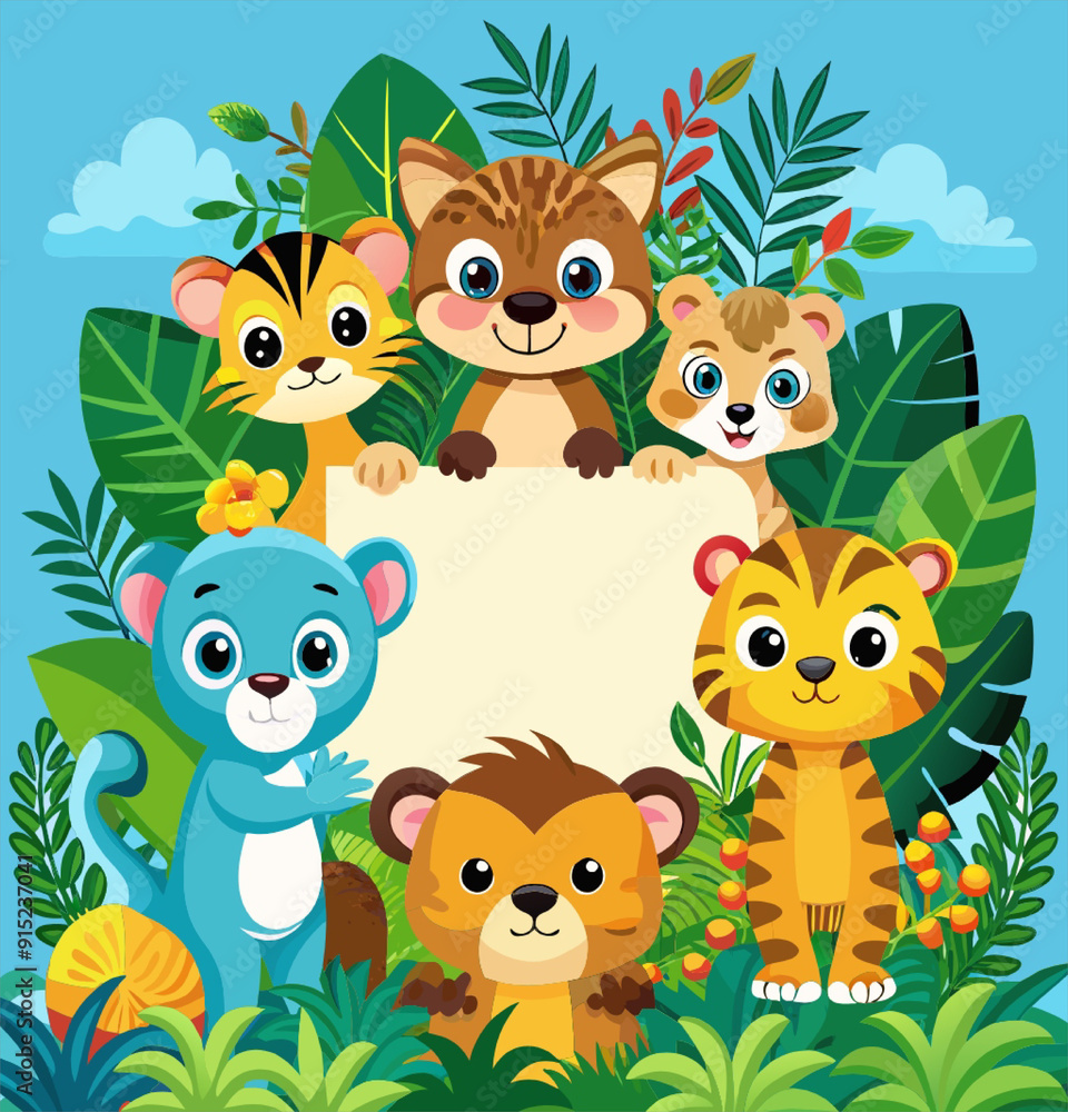 Fototapeta premium Adorable cartoon jungle animals surrounding a blank signboard, Perfect for children's materials.