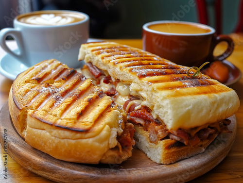 A sandwich with ham and cheese is on a wooden board. A cup of coffee is next to it