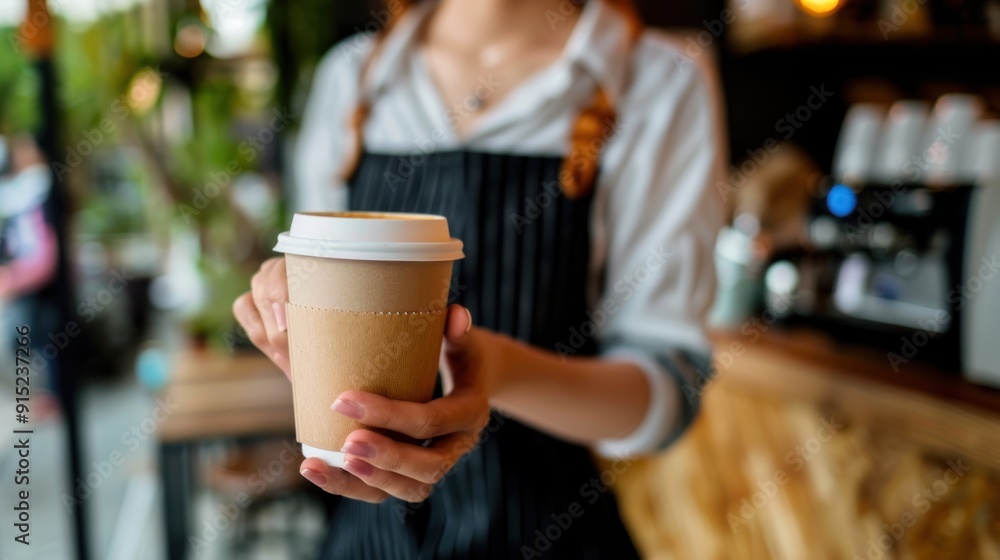 A waitress holding and serving a paper cup of hot coffee A waitress holding and serving a paper cup of hot coffee