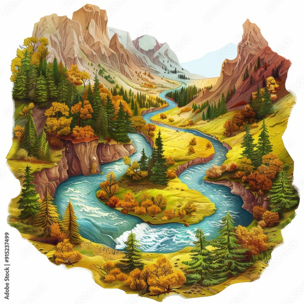 Fototapeta premium Scenic landscape with a winding river flowing through a vibrant forest and majestic mountains.