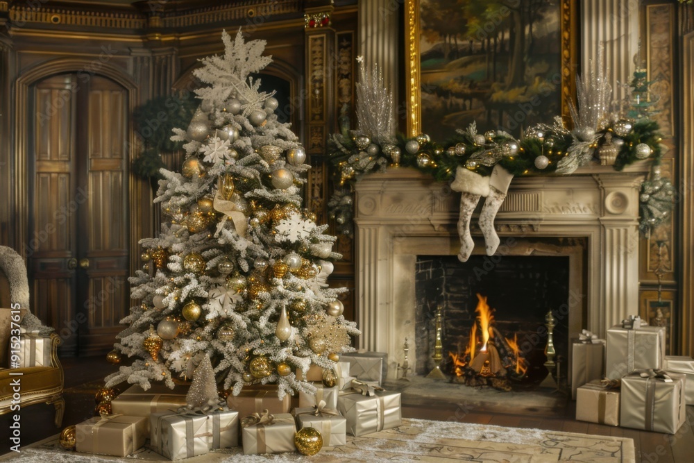 Fototapeta premium Luxurious Christmas Tree in an Elegant Room - Grand Holiday Decorations and Festive Opulence