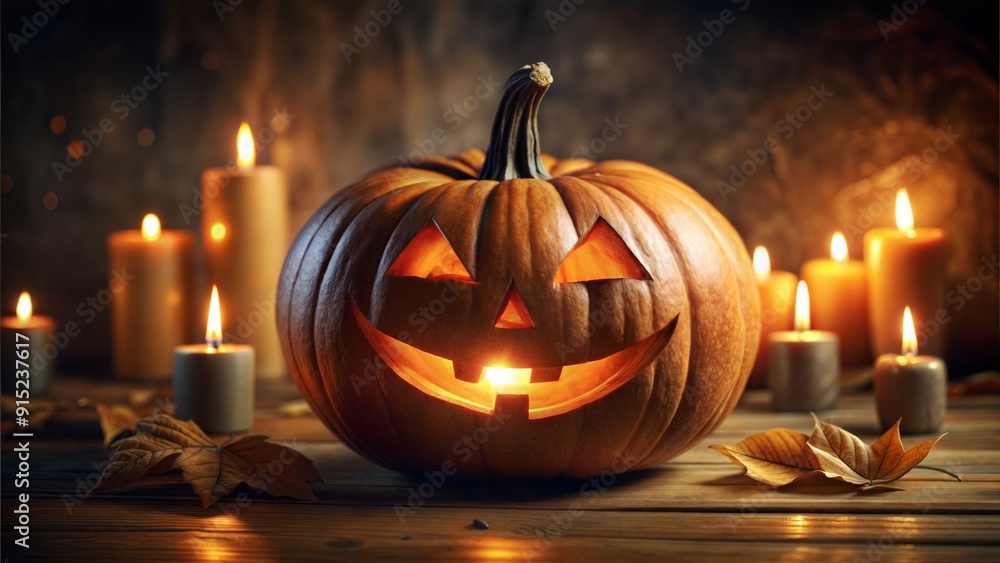 Fototapeta premium Jack-O'-Lantern with Lit Candles for Halloween