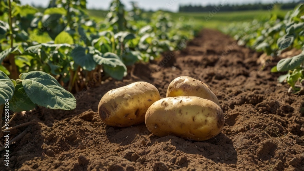 Ripe potatoes on ground in plant field Ripe potatoes on ground in plant field