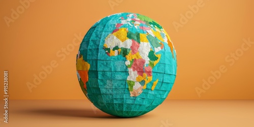 Fototapeta Naklejka Na Ścianę i Meble -  colorful hand-painted paper globe on orange background - earth day, world environment, global sustainability, save the planet, ecology.