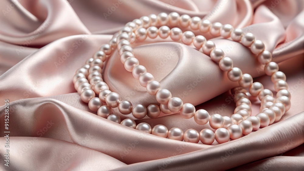 Delicate strands of pearls cascading down a soft pink satin fabric, adorned with subtle sequins, exuding elegance and sophistication in a luxurious still life setting. Delicate strands of pearls cascading down a soft pink satin fabric, adorned with subtle sequins, exuding elegance and sophistication in a luxurious still life setting.