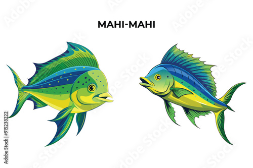 Detailed Mahi-Mahi fish vector illustration. Perfect for culinary, marine, and environmental designs. High-quality vector for easy customization. Ideal for menus, packaging, education, and web graphic