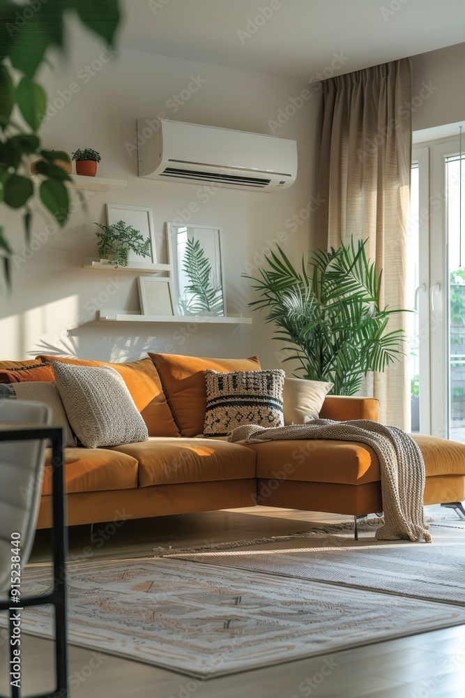 Fototapeta premium Cozy Modern Living Room with Orange Sofa, Indoor Plants, and Natural Light