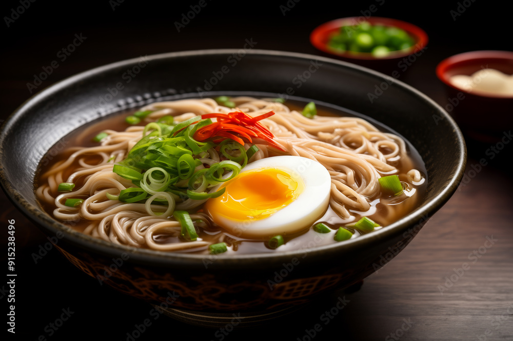 Bowl of ramen noodle soup with rich broth, thin noodles, and is garnished with a halved soft-boiled egg, vibrant green scallions, and thinly sliced red chili peppers, presented in a dark background. Bowl of ramen noodle soup with rich broth, thin noodles, and is garnished with a halved soft-boiled egg, vibrant green scallions, and thinly sliced red chili peppers, presented in a dark background.